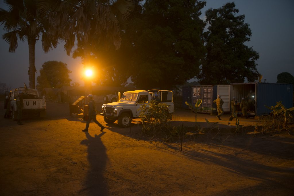 MONUSCO base in Duru village, Haut Uele province. Soldiers from the Moroccan battalion are preparing to escort a UNHCR convoy to Bitima, a village near the South Sudan border where 600 refugees have fled from Western Equatoria.